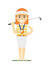 Young woman golfer with golf club vector illustration isolated on white background. Sport competition concept, athlete personage in flat design.
