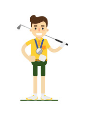Smiling male golf player with golf club vector illustration isolated on white background. Sport competition concept, athlete personage in flat design.