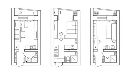 Architectural plan of a house. Layout of the apartment with the furniture in the drawing view. With kitchen and bathroom, living room and bedroom. Graphic design elements. Black and White outline layo