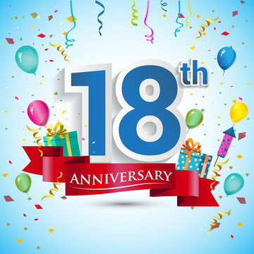 18th Years Anniversary Celebration Design, with gift box and balloons, Red ribbon, Colorful Vector template elements for your eighteen birthday celebrating party.