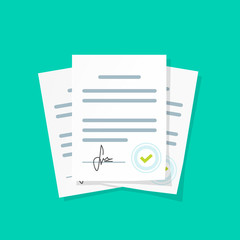 Contract documents pile vector illustration, flat cartoon stack of agreements document with signature and approval stamp, concept of paperwork, business doc - obrazy, fototapety, plakaty