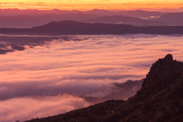 Morning scene of fog on high hill landscape along the valley and sunrise atmosphere from mountain peak.