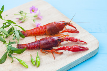 fresh crayfish on wood