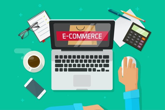 E-commerce store on laptop, person working on computer analyzing ecommerce vector illustration, flat developer working on office desktop top view, online shopping marketing research, internet shop