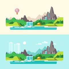 Summer landscape. Hiking and camping. Weekend in the tent. Vector illustration in flat design style.