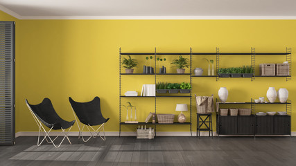 Eco gray and yellow interior design with wooden bookshelf, diy vertical garden storage shelving, living, lounge relax area with armchairs