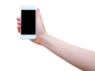 smartphone in hand on white background