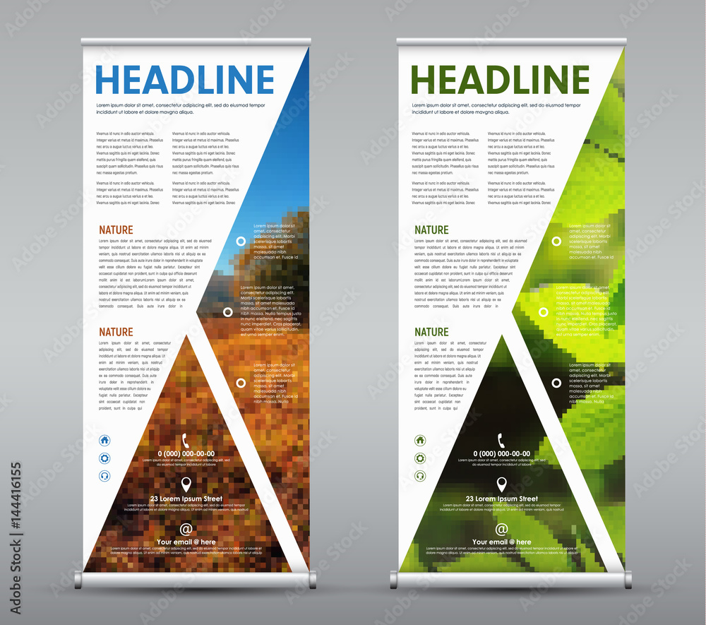 Poster Set of vertical roll up banner with triangular design elements for image and text.