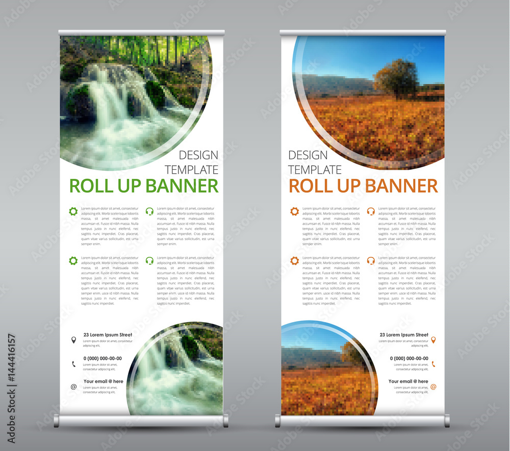 Poster template of a vertical roll up banner for business or travel.