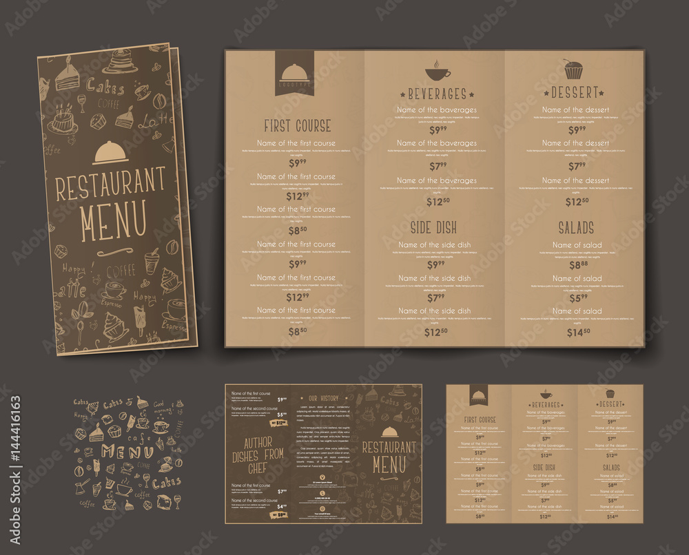 Poster template of retro folding triple menu for cafes and restaurants.