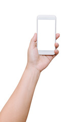 isolated woman hand hold smart phone on white background