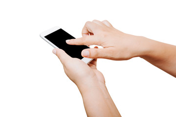 isolated woman hand hold and touch screen smart phone on white background