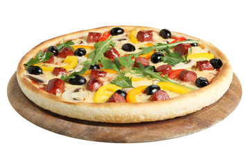Hot rustic pizza with sausages, bell peppers, olives, mushrooms, mozzarella and arugula. Isolated on a white background