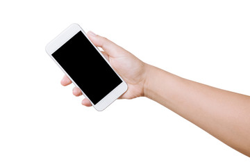 isolated woman hand hold smart phone on white background