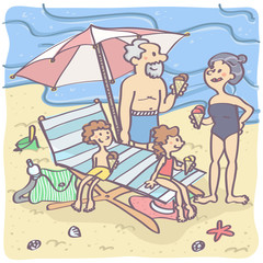 Lovely cartoon illustration with grandparents and grandchildren on the beach, eating ice cream