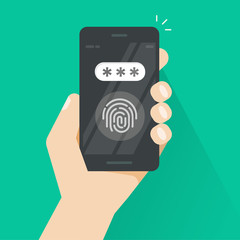 Hand with smartphone unlocked with fingerprint and password field vector, concept of security, personal access via finger on mobile phone, user authorization, login, protection technology