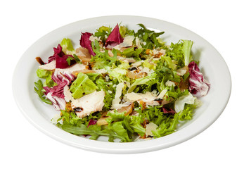 Fresh salad with chicken, lettuce, parmesan, mustard and arugula.  Isolated on white background.