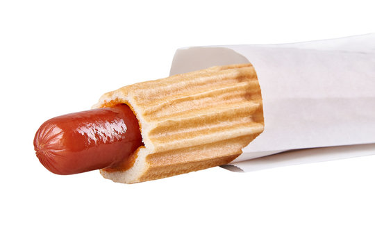 French Hot Dog In White Paper Package Isolated On White Background.  Horizontal. Close Up View