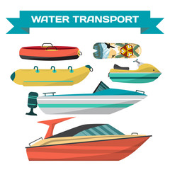 Set of water vehicles for riding on the beach. Motor boats, scooters jet, surfboards, banana and tube. Sea and river transportation. Isolated on white background