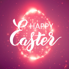 The Easter shining egg of glowing points. Sparkling egg on colorful violet background with tiny flares and beautiful handwritten calligraphy. Happy Easter lettering.