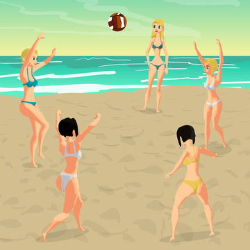Women in bikini play beach volleyball standing in a circle. Flat cartoon vector illustration