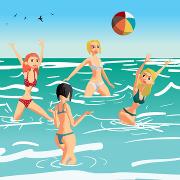 Women in a bikini play volleyball in the sea. Girls throw a ball standing in the water. Flat cartoon vector illustration