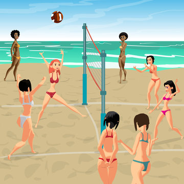 Girls playing volleyball on the beach. Women in bikinis. Start the game, the girl attack. Flat cartoon vector illustration.