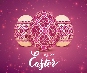 The vector Easter eggs with an Ukrainian folk pattern ornament. Isolated vector realistic yellow eggs with beautiful handwritten calligraphy on a violet background with sparks. Happy Easter lettering.