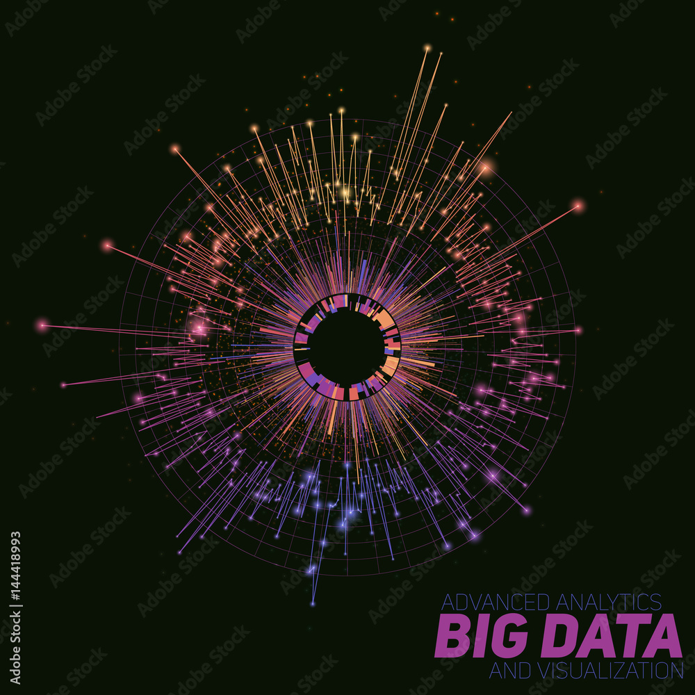Poster Vector abstract colorful round big data visualization. Futuristic infographics design. Visual information complexity. Intricate data threads graphic. Social network, business analytics representation