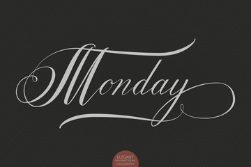 Obraz premium Hand drawn lettering Monday. Elegant modern handwritten calligraphy. Vector Ink illustration. Typography poster on dark background. For cards, invitations, prints etc.