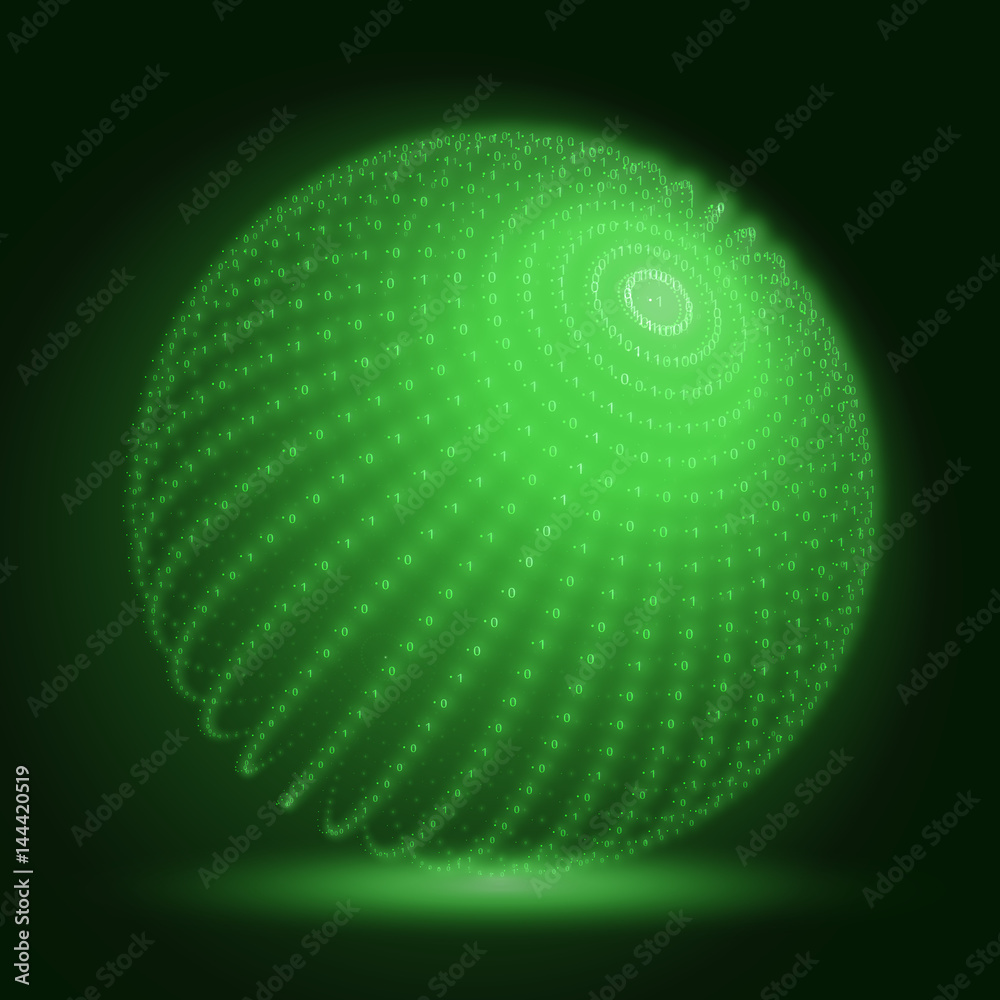 Poster vector cyber sphere. green big data sphere with binary numbers strings. information code structure r