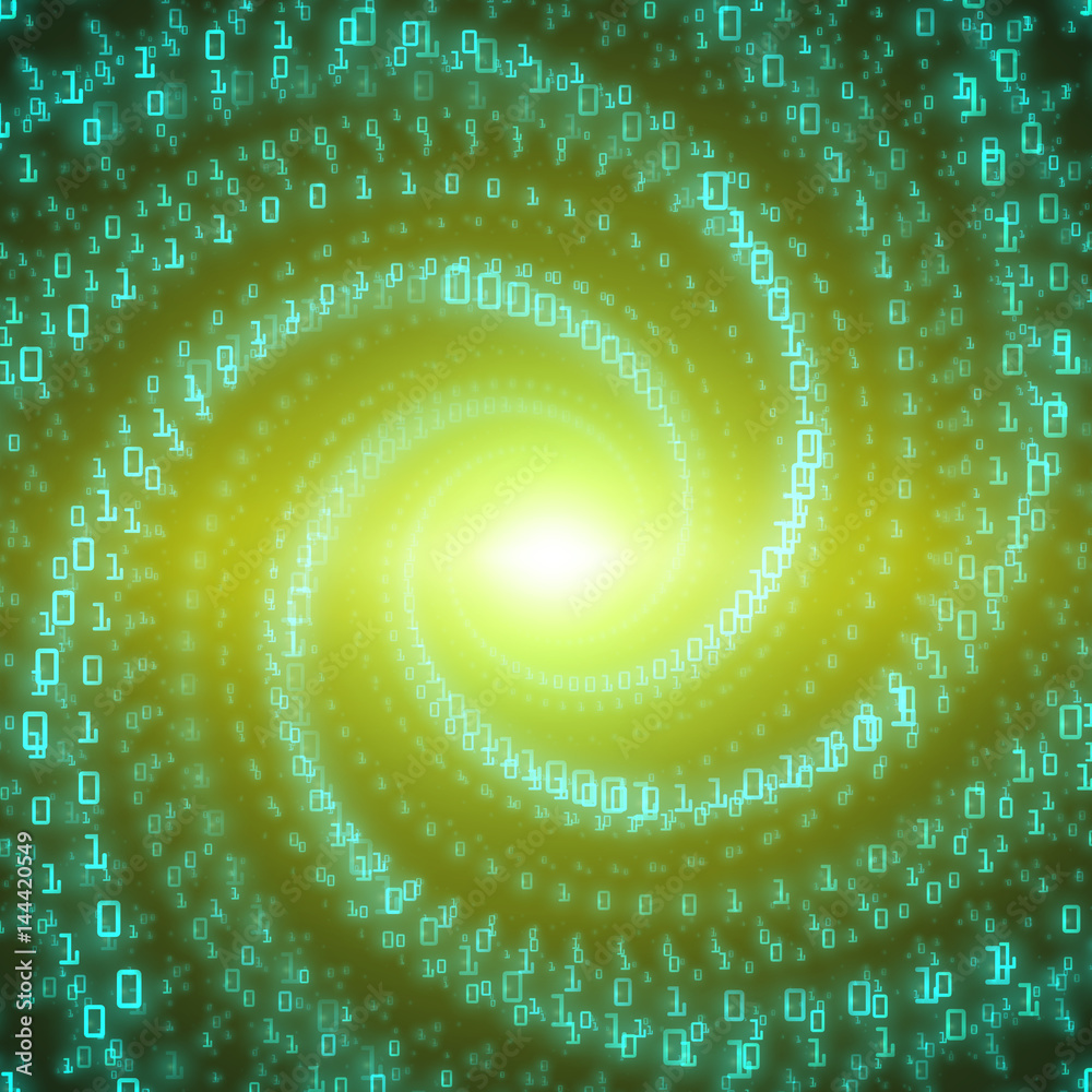Poster vector data flow visualization. green big data flow as binary numbers strings twisted in infinity tu