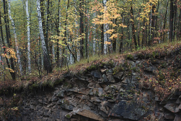 The exposed rock layers in the technogenic canyon.