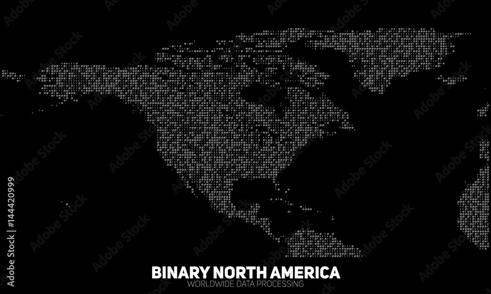 Poster vector abstract binary north america map. continents constructed from binary numbers. global informa