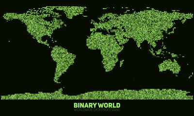 Vector abstract binary world map. Continents constructed from green binary numbers. Global information network. Worldwide network. International data. Digital world in modern cyber reality.