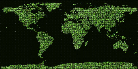 Vector abstract binary world map. Continents constructed from green binary numbers. Global information network. Worldwide network. International data. Digital world in modern cyber reality.