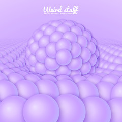 Vector abstract surface constructed from spheres sag under the big sphere. Light violet balls background. Conceptual splash backdrop with spheres. Subatomic structure, nanotechnological image.