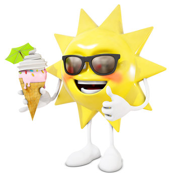 3D sun character eats an ice cream, 3d rendering