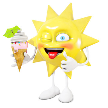 3D sun character eats an ice cream, 3d rendering