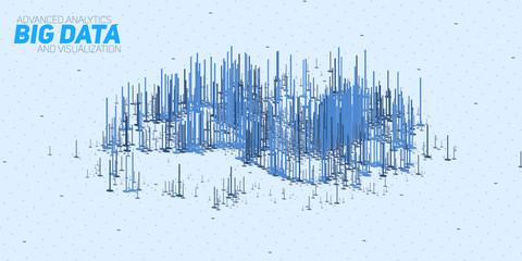 Vector abstract 3D big data visualization with bars. Futuristic infographics aesthetic design. Visual information complexity. Intricate data threads bar chart. Social network or business analytics.