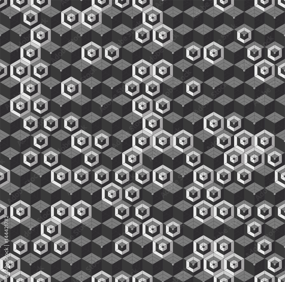 Aufkleber grayscale hexagonal seamless vector pattern. volumetric hexagon elements placed randomly. modern abs