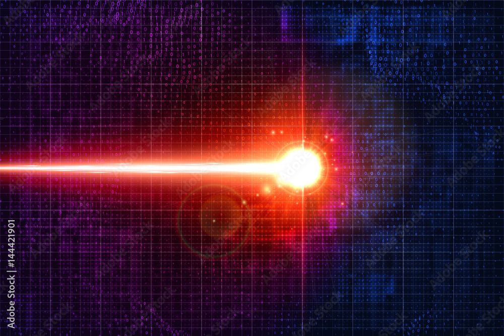 Poster electronic signal in the cyber world. birth of artificial intelligence. shining beam on circuit colo