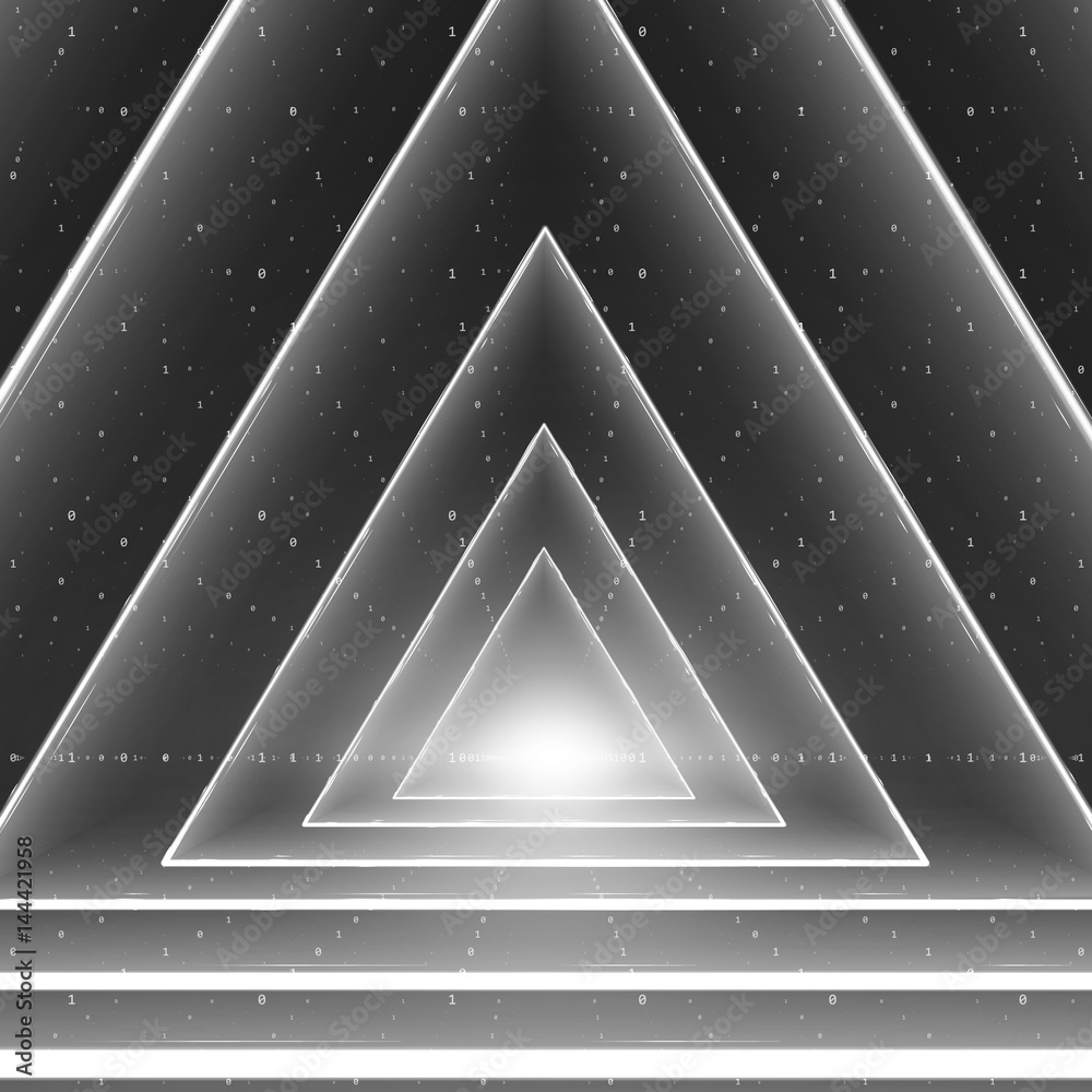 Poster vector data flow visualization. triangle glowing tunnel of grayscale big data flow as binary numbers