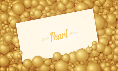 Fototapeta na wymiar Vector illustration of card placed in golden pearls or spheres. Volumetric randomly distributed balls. Surface constructed from orange balls background. Luxury card mockup, template.
