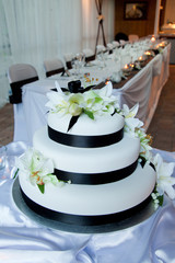Wedding Cake with Flower and Ribbon Decoration