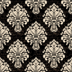 Vector damask seamless pattern background with ancient text. Classical luxury old fashioned damask ornament, royal victorian seamless texture for wallpapers, textile. Exquisite floral baroque template