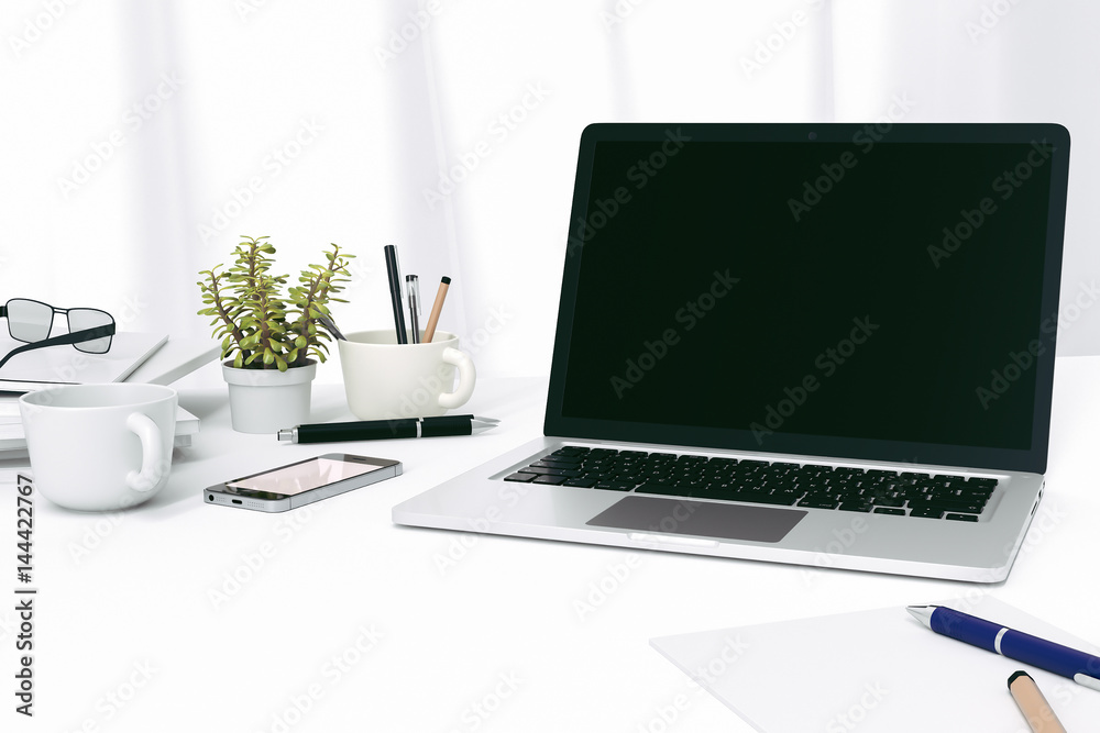 Poster Front view of workpark with blank white computer screen, coffee cup, and book in home work. Mock up , 3D render