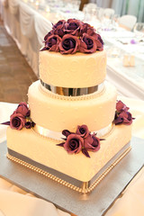 Wedding Cake with Flower and Ribbon Decoration
