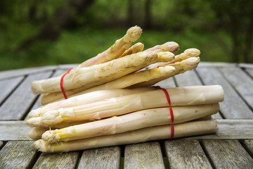 White asparagus sticks freshly harvested on a wooden table outdoors in the garden