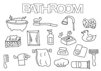 Bathroom elements hand drawn set. Coloring book template.  Outline doodle elements vector illustration. Kids game page.